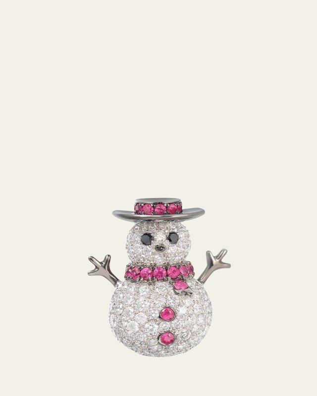 18K Gold Snowman Pendant with Diamonds and Rubies